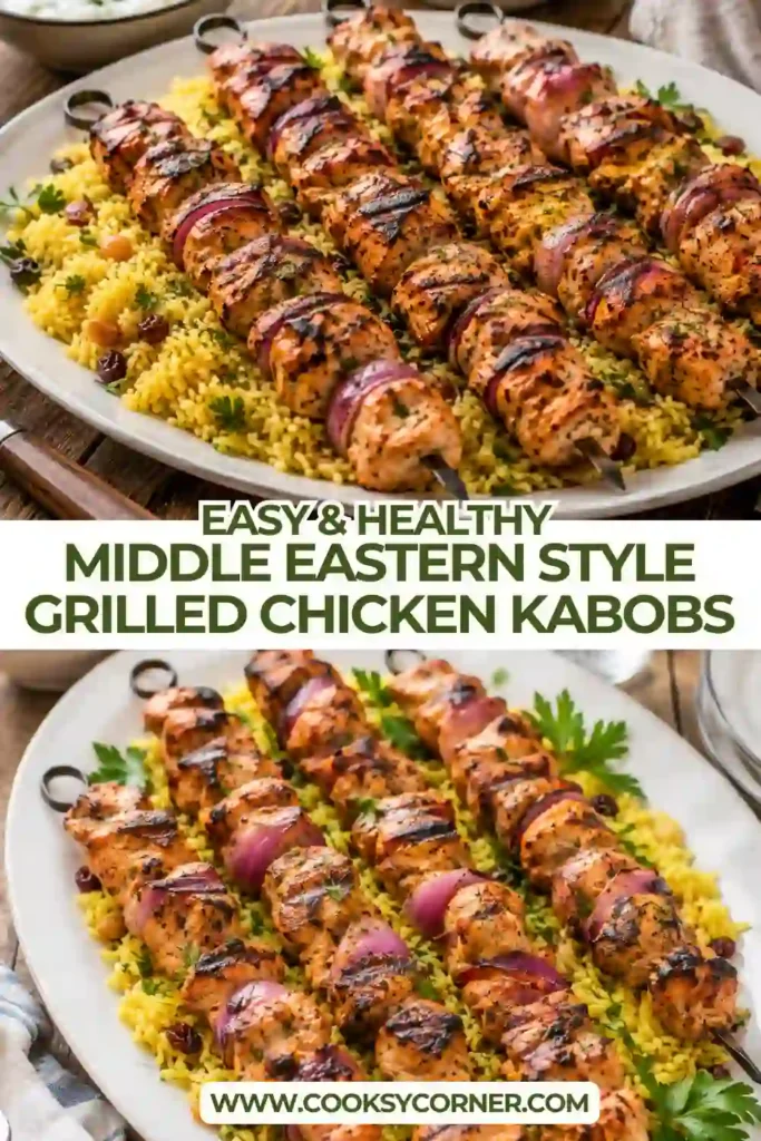 Close-up of grilled chicken skewers with charred red onions and lemon slices served on a rustic platter. The kabobs are coated in a flavorful yogurt marinade.