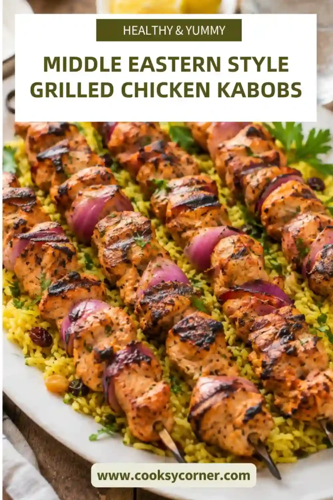 Juicy Middle Eastern-Style Grilled Chicken Kabobs served with grilled onions, lemon wedges, and fresh parsley on a serving platter. The chicken is golden brown with beautiful grill marks.