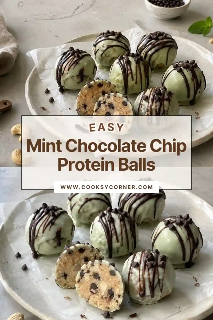 Mint Chocolate Chip Protein Balls with creamy cashew and vanilla protein centers covered in a crisp green chocolate coating. Mini chocolate chips decorate the tops of these refreshing no-bake protein bites.