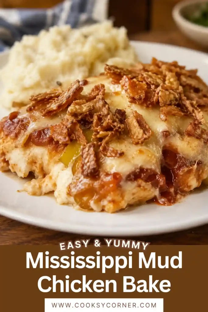 A cheesy Mississippi chicken bake fresh from the oven with bubbling mozzarella and crispy fried onions. Barbecue sauce and pepperoncini add smoky, tangy flavor to the tender chicken.
