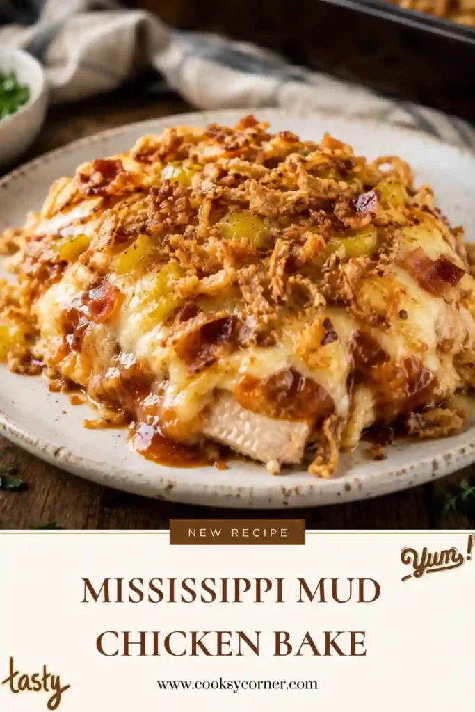 Mississippi Mud Chicken Bake topped with melted mozzarella and golden French fried onions. The juicy baked chicken is flavored with barbecue sauce, ranch seasoning, and tangy pepperoncini.