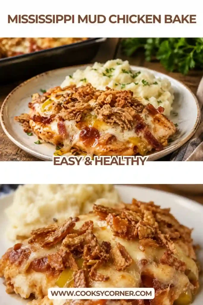 Homemade cheesy chicken casserole with ranch-seasoned chicken, barbecue sauce, mozzarella, and crunchy onions. This easy baked chicken recipe is served hot in a casserole dish.