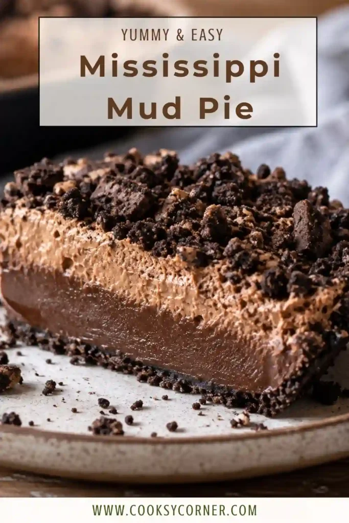 Homemade Mississippi mud pie recipe with a crisp chocolate cookie crust and decadent brownie layer. Fluffy chocolate mousse and Oreo crumbles complete the dessert.