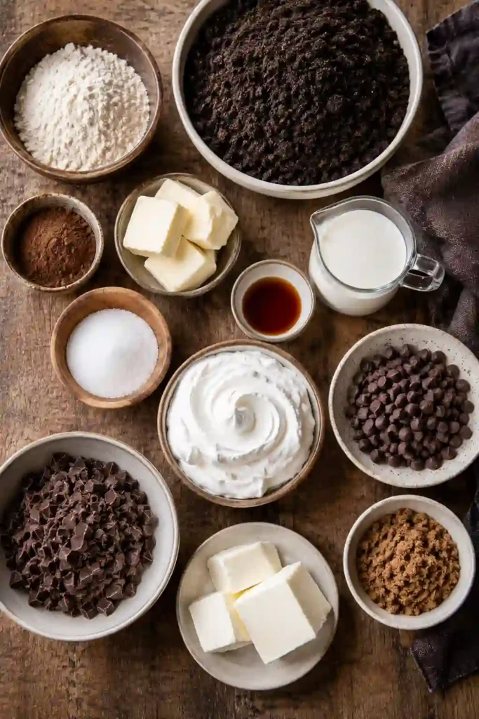 Rich chocolate mud pie with distinct layers of Oreo crust, fudgy brownie, and creamy chocolate mousse. Baked cookie crumbles add a crunchy chocolate topping.