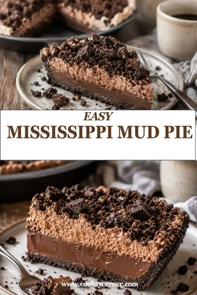 A chilled slice of Mississippi Mud Pie featuring Oreo crust, rich brownie filling, and silky chocolate mousse. The layered chocolate dessert is finished with crunchy Oreo topping.