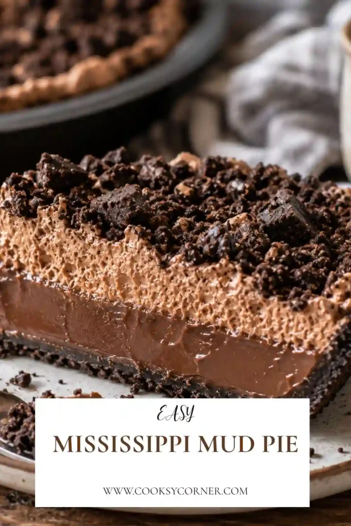 Mississippi Mud Pie with a dark Oreo crust, fudgy brownie layer, and creamy chocolate mousse. Crunchy chocolate cookie crumbs cover the top of this layered dessert.