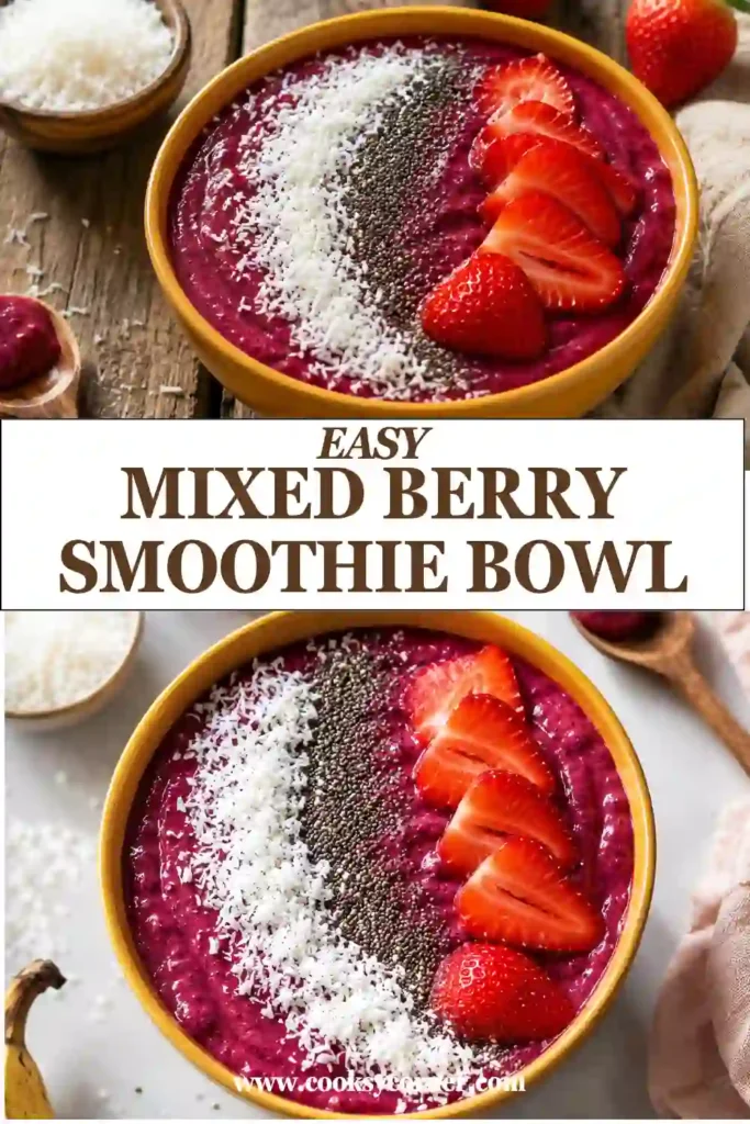 Creamy Mixed Berry Smoothie Bowl served with crunchy granola and fresh berries. This easy smoothie bowl recipe is nutritious, refreshing, and ready in five minutes.