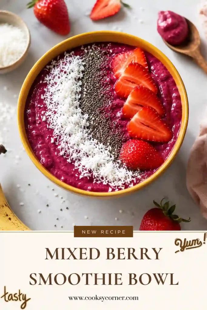 A thick Mixed Berry Smoothie Bowl made with frozen berries and banana, topped with granola, chia seeds, hemp seeds, coconut, and fresh fruit. This healthy smoothie bowl is colorful, creamy, and perfect for breakfast.
