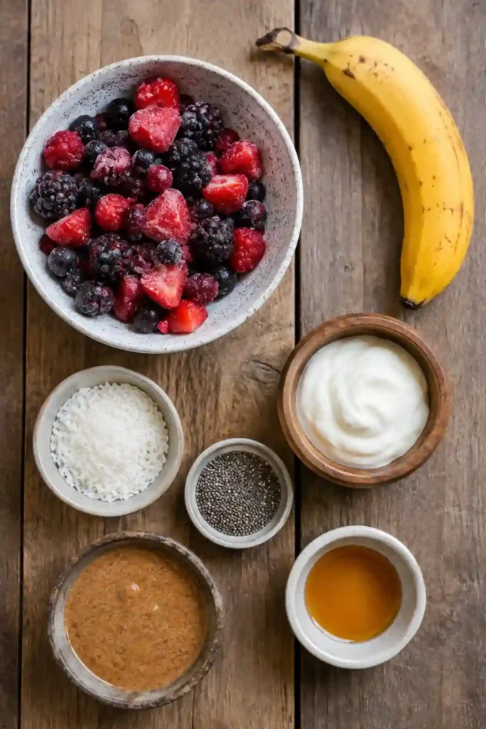 Protein-packed Mixed Berry Smoothie Bowl featuring frozen berries, banana, and wholesome toppings. A vibrant and satisfying breakfast for busy mornings.