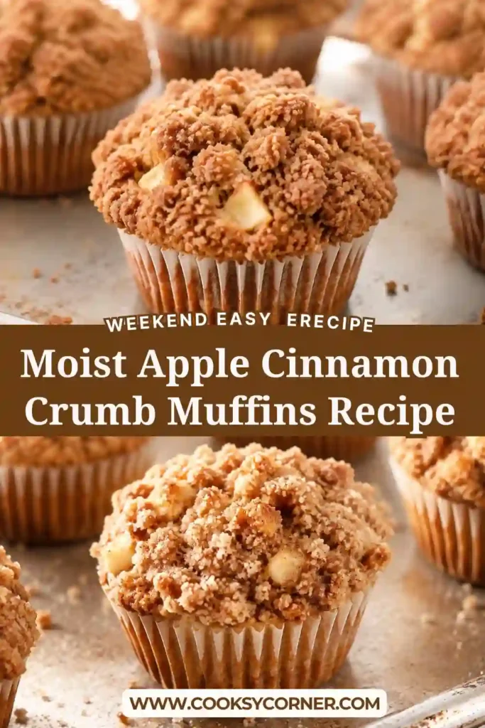 Freshly baked apple cinnamon muffins with golden crumb topping and visible pieces of tender apple. Cinnamon streusel covers each tall muffin with a sweet, buttery finish.