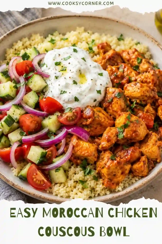 3. Easy chicken couscous bowl featuring Moroccan-spiced chicken in a rich tomato sauce alongside fluffy couscous and crisp vegetables. A spoonful of Greek yogurt completes the dish.