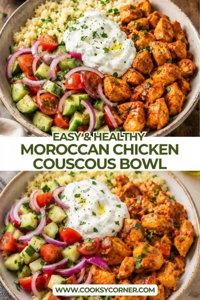 2. Moroccan chicken couscous served in a bowl with tomato-spiced chicken, fresh vegetables, and creamy Greek yogurt. The colorful meal is topped with chopped parsley.