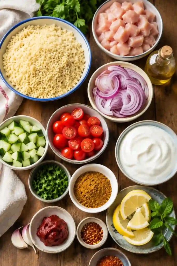 4. Moroccan-spiced chicken served over fluffy couscous with cucumber, tomatoes, red onion, parsley, and Greek yogurt. This colorful Moroccan chicken bowl combines warm spices with fresh ingredients.