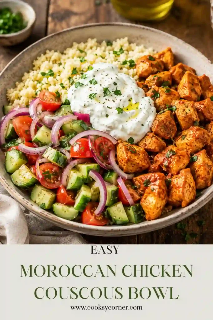 1. Moroccan Chicken Couscous Bowl with tender spiced chicken, fluffy couscous, cucumber, cherry tomatoes, and red onion. Greek yogurt and fresh parsley add a creamy, colorful finish.