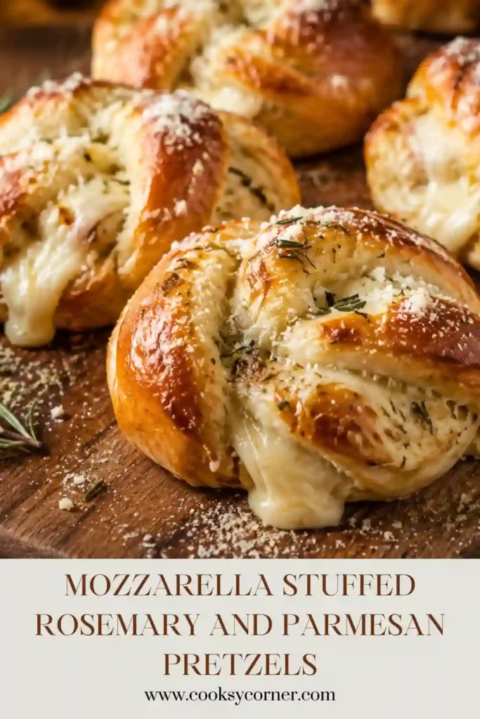 Freshly baked stuffed pretzels brushed with butter and coated in Parmesan, garlic, and herbs. A warm savory bread recipe with melted mozzarella inside.