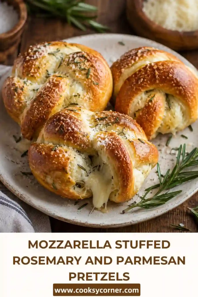 Homemade soft pretzels stuffed with gooey mozzarella cheese and topped with grated Parmesan and rosemary. Perfect for game day or entertaining.