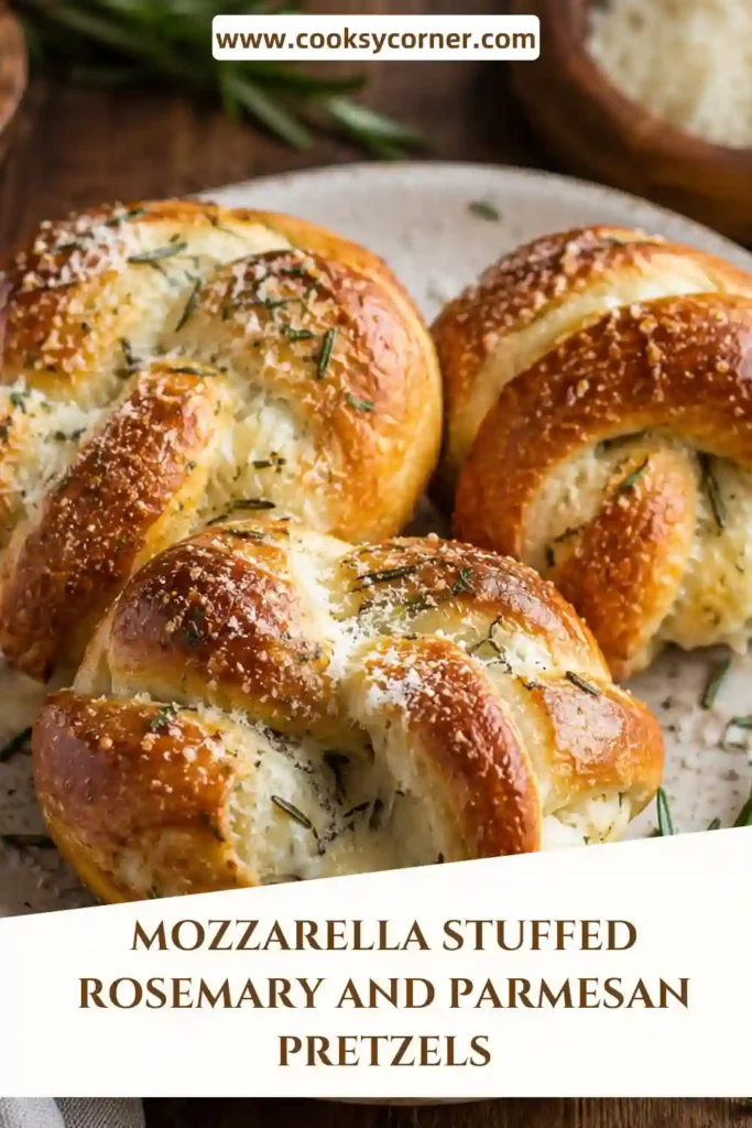 Mozzarella Stuffed Rosemary and Parmesan Soft Pretzels with golden crusts, melted cheese filling, and fresh rosemary sprinkled on top. A homemade bakery-style snack.