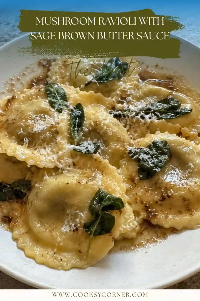 Fresh homemade mushroom ravioli topped with fragrant sage and golden brown butter. The delicate stuffed pasta has a savory mushroom and mascarpone center.