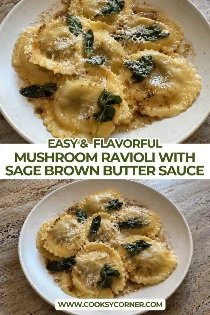 Mushroom Ravioli served in a rich sage brown butter sauce. Tender homemade ravioli surrounds a creamy mushroom filling for an elegant fresh pasta dish.