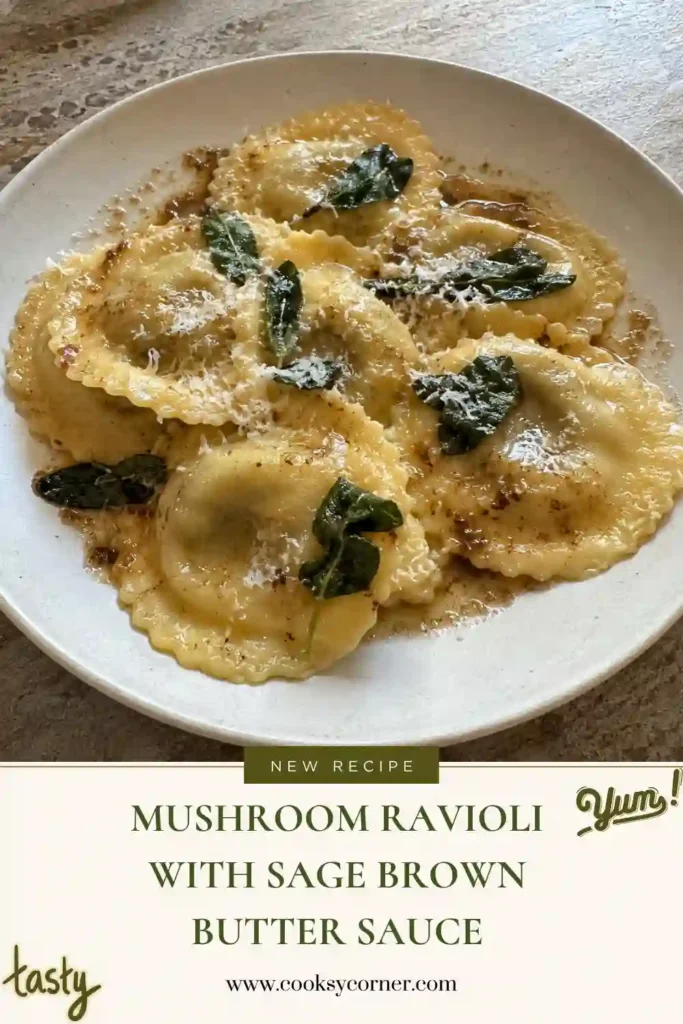 Homemade Mushroom Ravioli filled with creamy mascarpone and savory mushrooms. The fresh pasta is coated in golden sage brown butter sauce with crisp sage leaves.