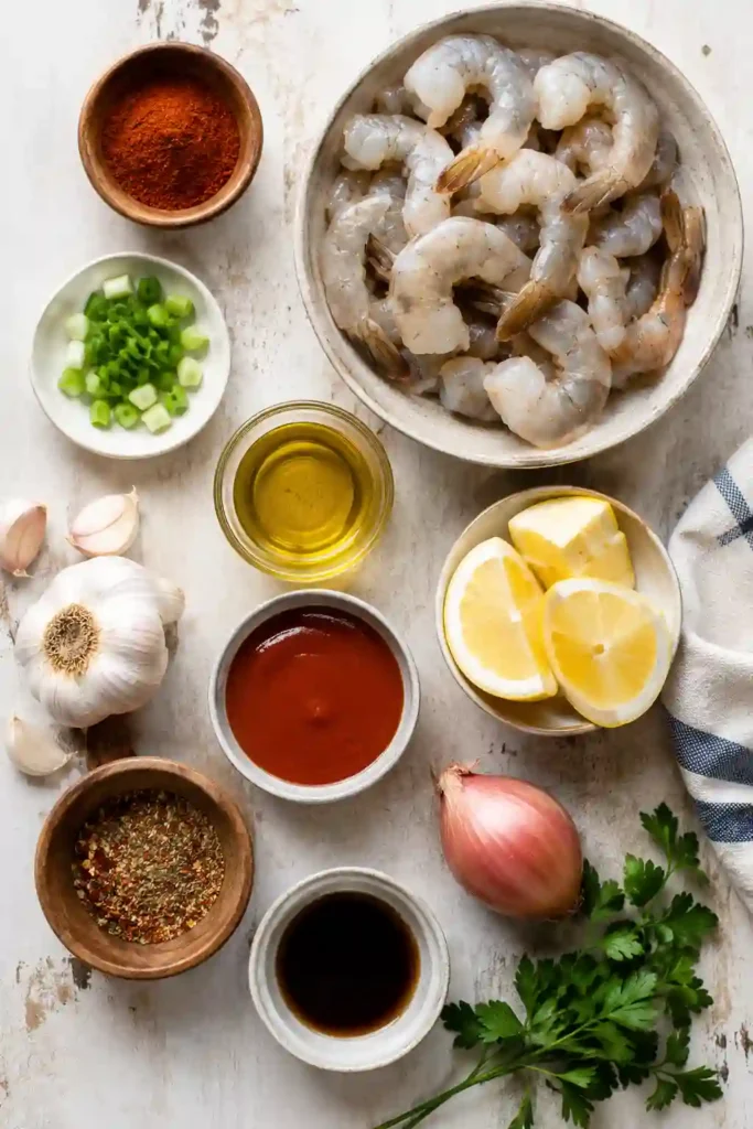 New Orleans BBQ shrimp served in a skillet with a rich garlic butter Cajun sauce. Jumbo shrimp are coated with paprika, spices, fresh lemon, and sliced scallions.
