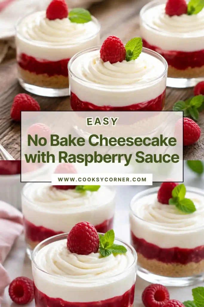 Raspberry cheesecake cups layered with buttery graham cracker crust, fluffy cheesecake mousse, and homemade raspberry sauce. The chilled dessert is topped with fresh raspberries.