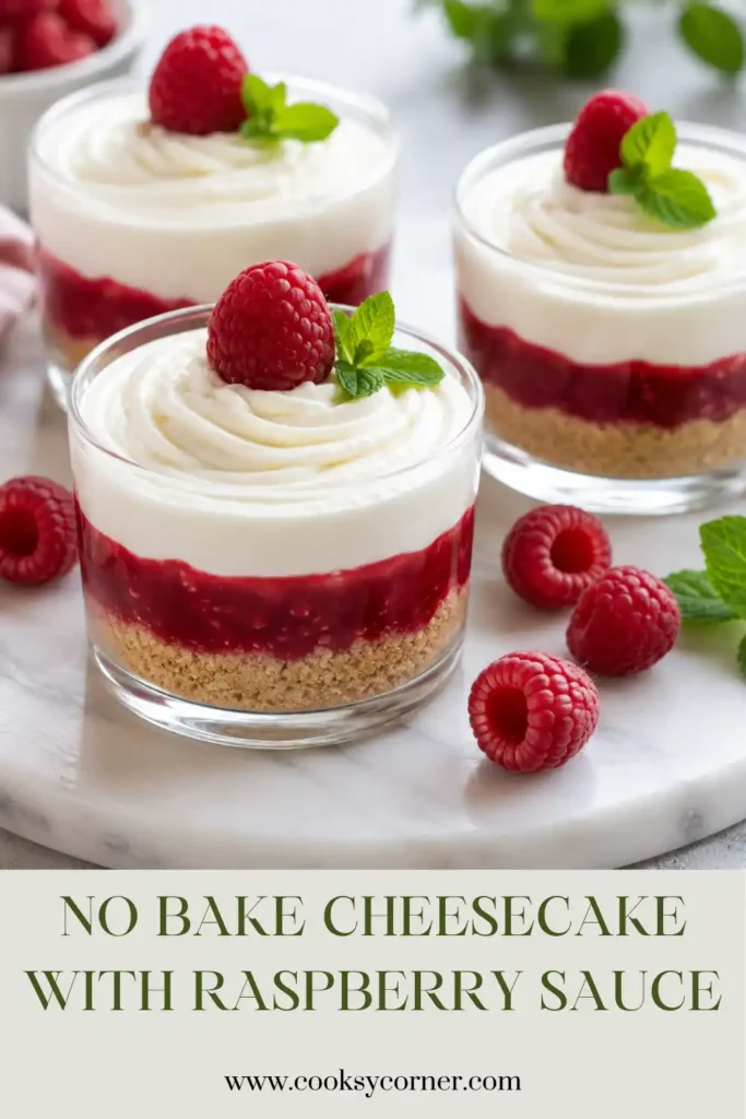 No-Bake Cheesecake with Raspberry Sauce served in individual dessert cups with graham cracker crumbs and creamy cheesecake mousse. Fresh raspberries add a bright finish to the layered dessert.