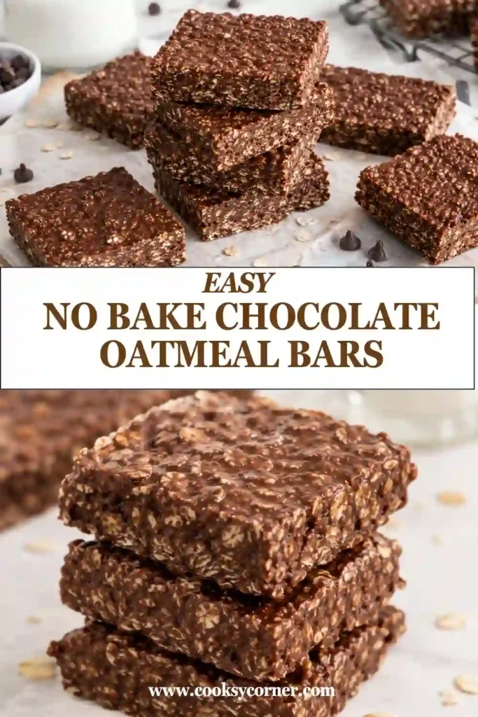 Chocolate peanut butter oatmeal bars layered with buttery oats and smooth melted chocolate. These easy no bake bars have a rich chocolate center and chewy oat texture.