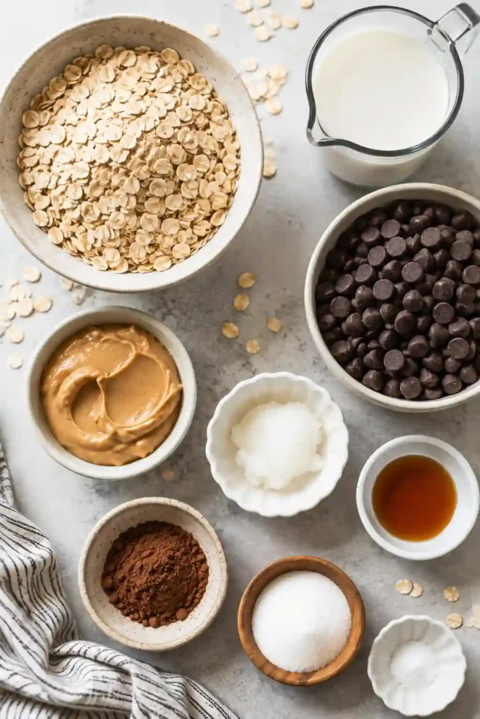 Easy No Bake Chocolate Oatmeal Bars made with rolled oats, peanut butter, brown sugar, and chocolate chips. The chilled dessert bars have a chewy texture and rich chocolate filling.