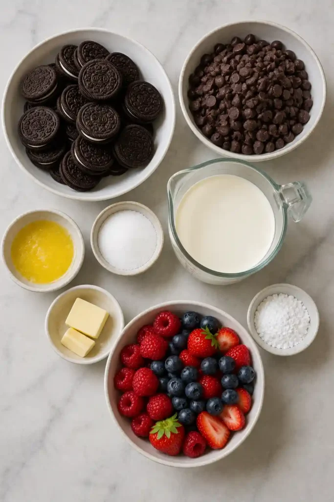 Easy No-Bake Chocolate Tart featuring a chocolate cookie crust and thick creamy ganache filling. Fresh berries decorate the surface of the rich chilled dessert.