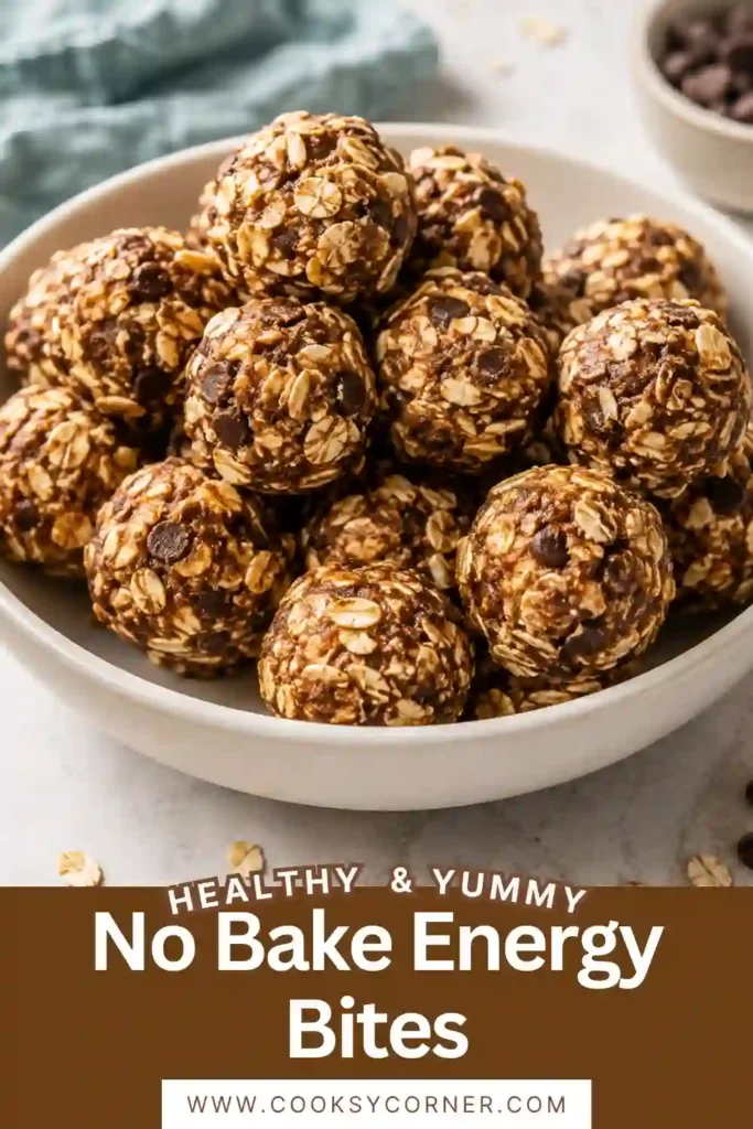 No-Bake Energy Bites made with rolled oats, peanut butter, flaxseed, honey, and chocolate chips arranged on a serving plate.