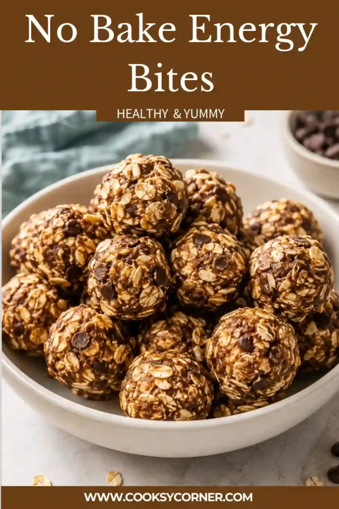 Healthy homemade energy bites featuring oats, crunchy peanut butter, flaxseed, and mini chocolate chips in natural lighting.