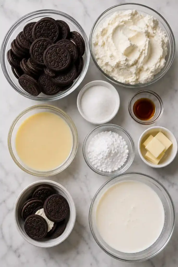 Homemade cookies and cream cheesecake with an Oreo cookie crust, fluffy cream cheese filling, and decorative whipped cream. Crushed Oreos throughout the filling create a rich speckled appearance.