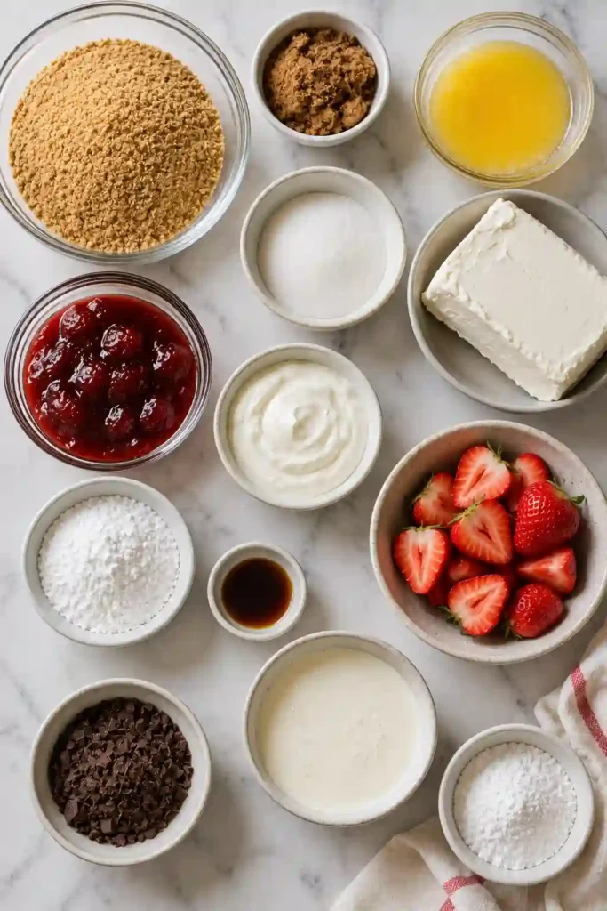 Beautiful layered Strawberry Cheesecake Cups arranged on a serving tray with fresh strawberries and whipped cream. The dessert is finished with chocolate shavings.