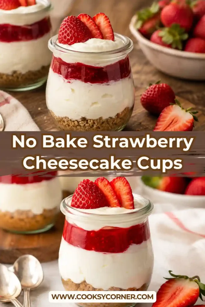 Individual No-Bake Strawberry Cheesecake Cups layered with graham cracker crust, creamy cheesecake filling, strawberry jam, whipped cream, fresh strawberries, and dark chocolate shavings.