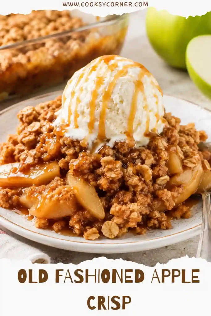 Homemade Old Fashioned Apple Crisp with juicy cinnamon apples and a crisp brown sugar oat topping. The easy apple dessert is baked until bubbling and golden.