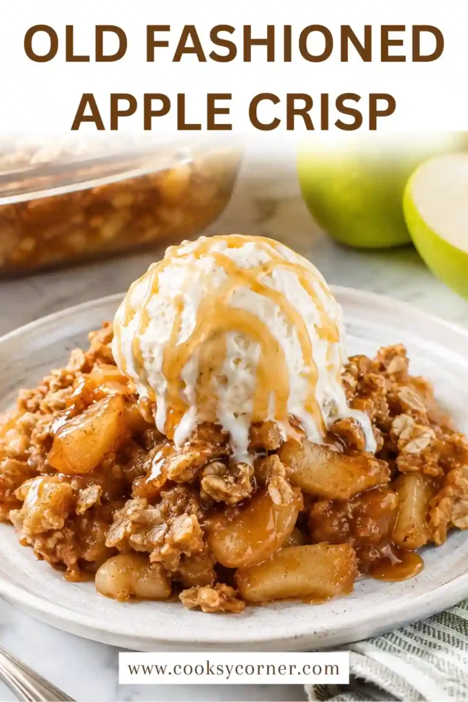 Warm apple crisp with oats featuring tender Granny Smith apples, cinnamon, brown sugar, and a crunchy golden topping. A classic homemade apple dessert served fresh from the oven.