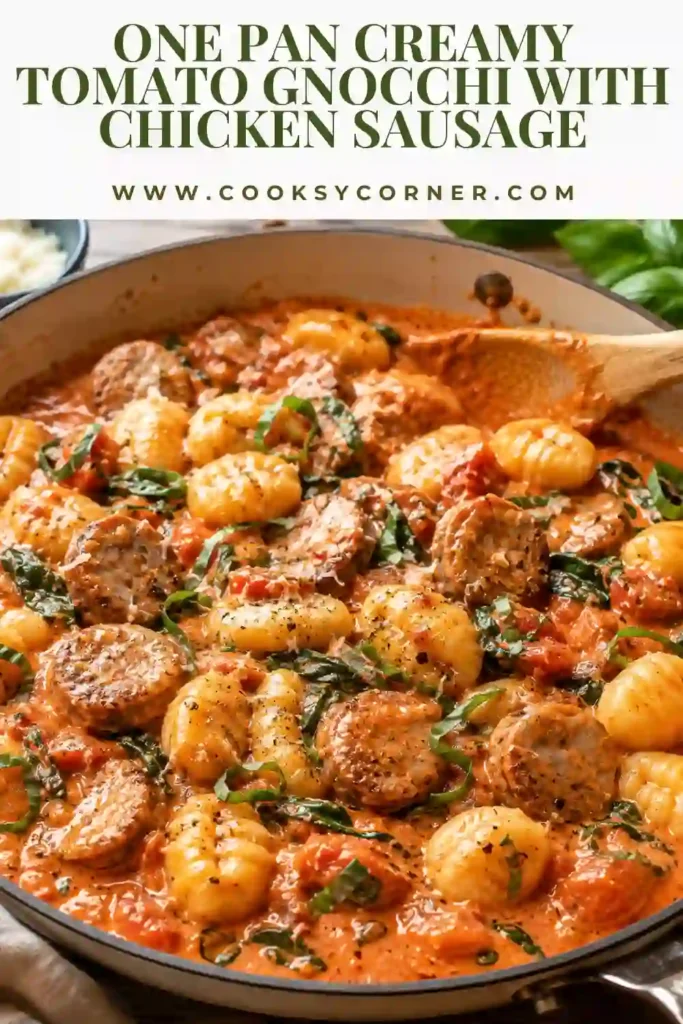 Chicken sausage gnocchi cooked in a creamy tomato sauce with garlic, spinach, Parmesan, and basil. The golden sausage and pillowy gnocchi make a comforting weeknight meal.