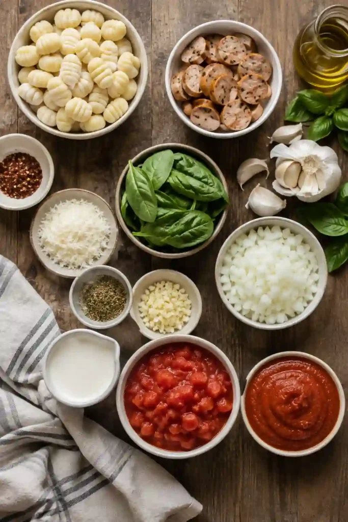 Easy one pan gnocchi with chicken sausage, spinach, and Parmesan in creamy tomato sauce. The skillet dinner is finished with fresh basil and extra grated cheese.
