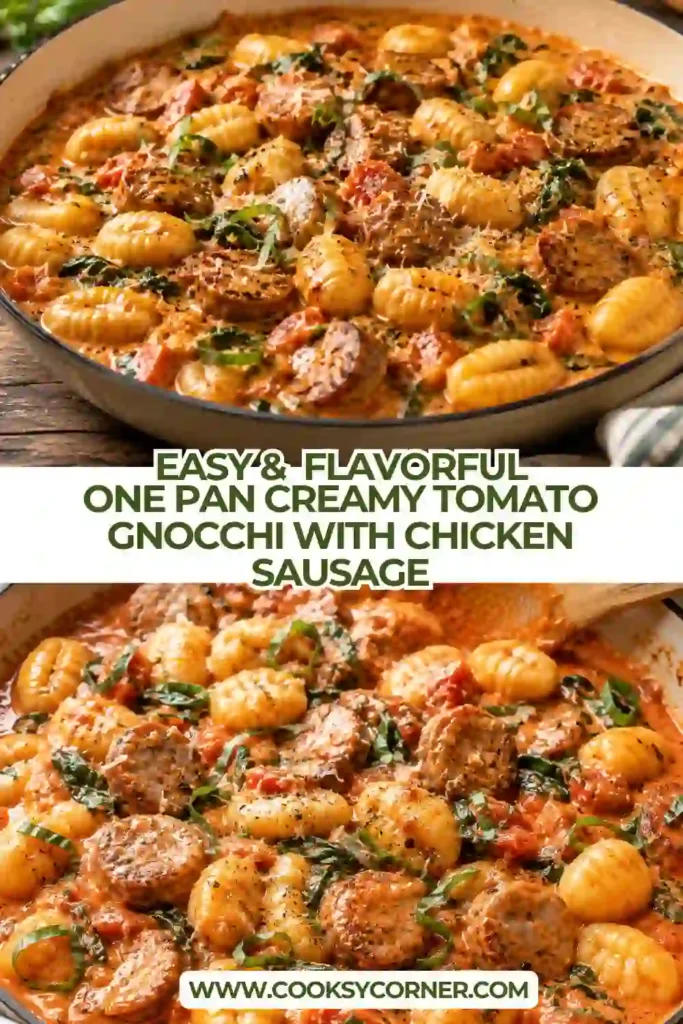 Creamy tomato gnocchi with sliced chicken sausage and wilted spinach in a one pan dinner. Fresh basil and grated Parmesan finish the creamy sauce.