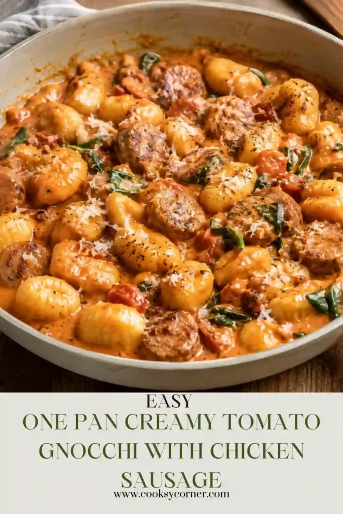 One Pan Creamy Tomato Gnocchi with Chicken Sausage served in a skillet with spinach, Parmesan, and fresh basil. Tender gnocchi is coated in a rich tomato cream sauce.