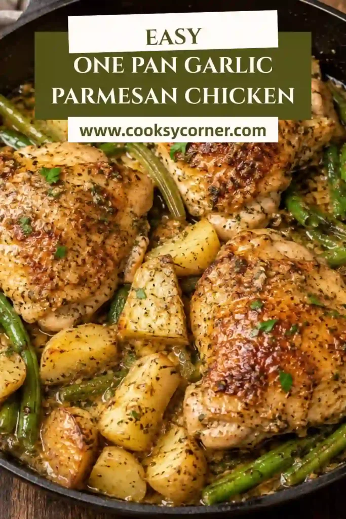 A baking dish filled with roasted garlic Parmesan chicken thighs, golden potatoes, and green beans coated in creamy garlic Parmesan sauce.