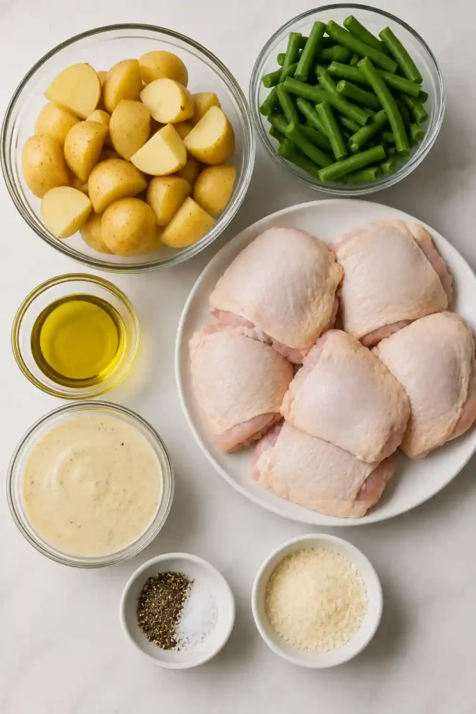 Close-up of roasted chicken thighs with crispy skin served alongside garlic Parmesan potatoes and green beans in a baking dish.