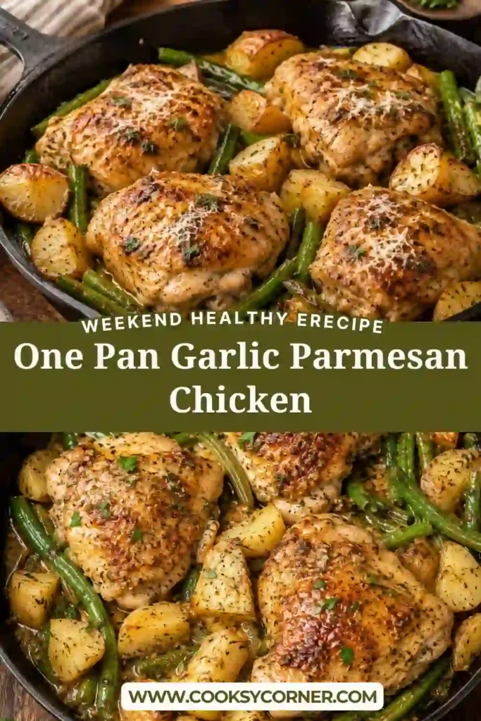 Freshly baked garlic Parmesan chicken arranged with roasted potatoes and green beans in a rustic casserole dish.
