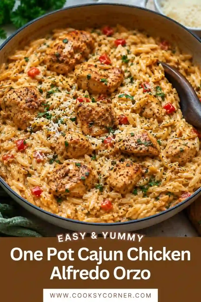 One Pot Chicken Alfredo Orzo garnished with parsley and freshly grated Parmesan. Creamy sauce and perfectly cooked chicken create a hearty family meal.