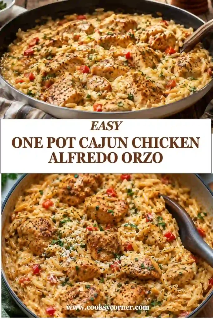 Creamy Cajun chicken orzo served warm with Parmesan cheese and parsley in a rustic bowl. The rich Alfredo sauce coats every bite for a comforting dinner.