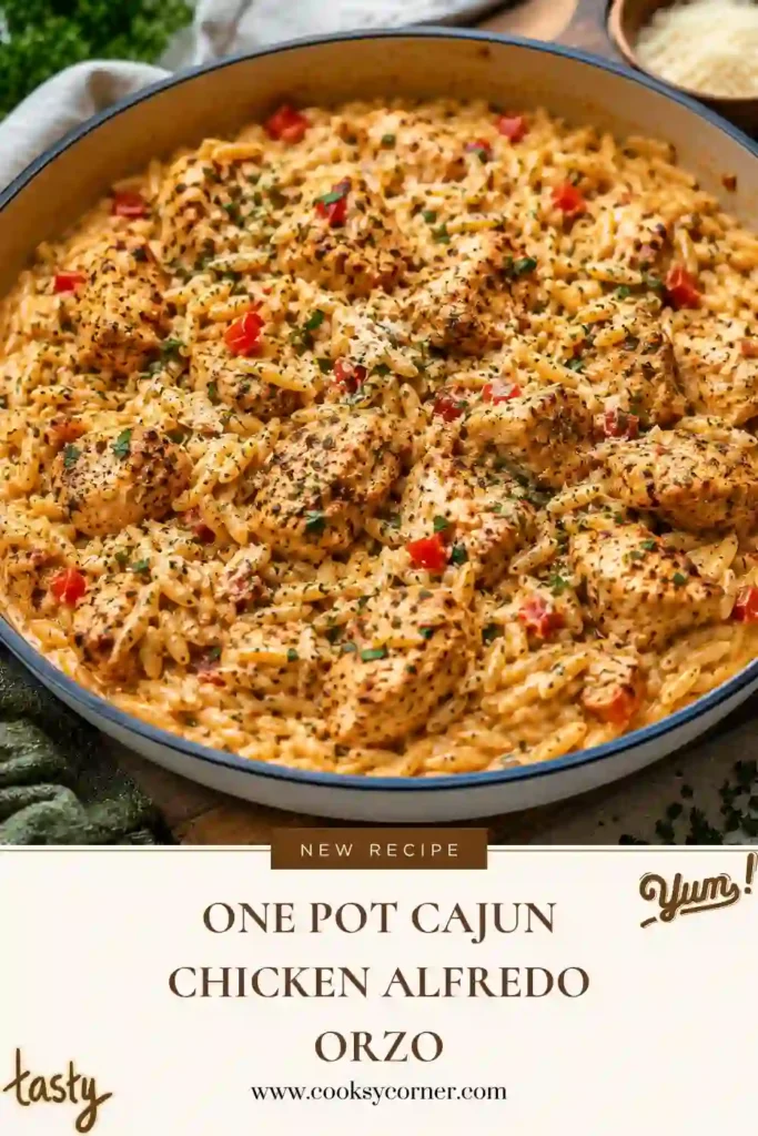 A bowl of creamy One Pot Cajun Chicken Alfredo Orzo topped with fresh parsley and Parmesan cheese. Tender Cajun-seasoned chicken and perfectly cooked orzo are coated in a rich Alfredo sauce.