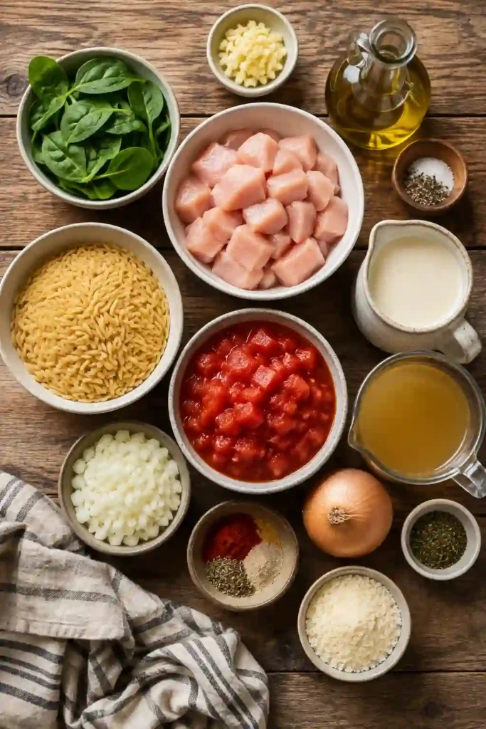 A close-up of creamy chicken orzo with spinach, tomatoes, and melted cheese. A comforting one-pot pasta dish ideal for quick family dinners.