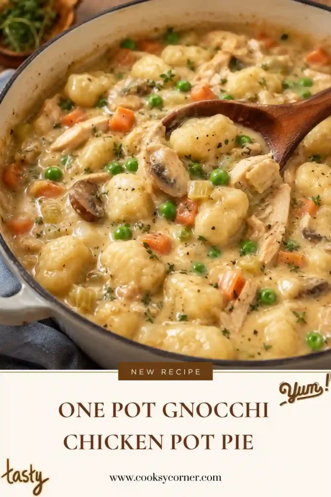 Creamy chicken gnocchi served with colorful carrots, green peas, mushrooms, and tender shredded chicken. This comforting one pot dinner is inspired by classic chicken pot pie.