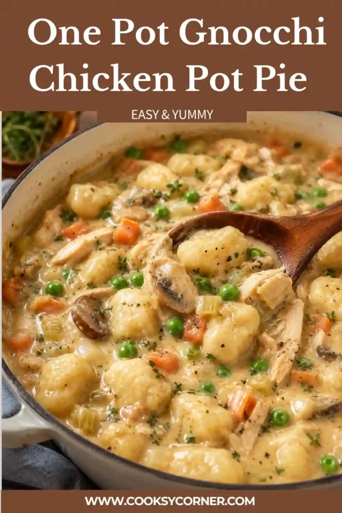 Chicken pot pie with gnocchi in a rich creamy sauce with chicken, carrots, celery, mushrooms, and peas. Soft potato gnocchi replace traditional pie crust for an easy stovetop meal.
